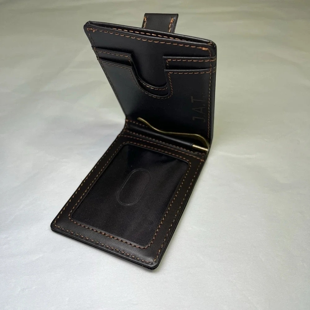 JAT Men's Wallet Retractable Card Brown Leather‎ Style Money Clip Stitched